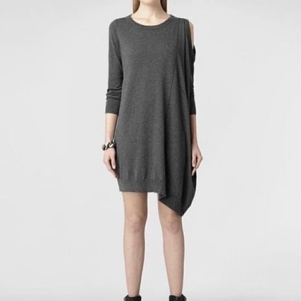All Saints Sago Sweater Dress Gray Silk Blend Asymmetrical Cut Out Shoulder Sz 2